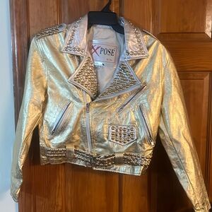 New Pose Leather Rhinestone Gold Stads Buker Jacket M Unique